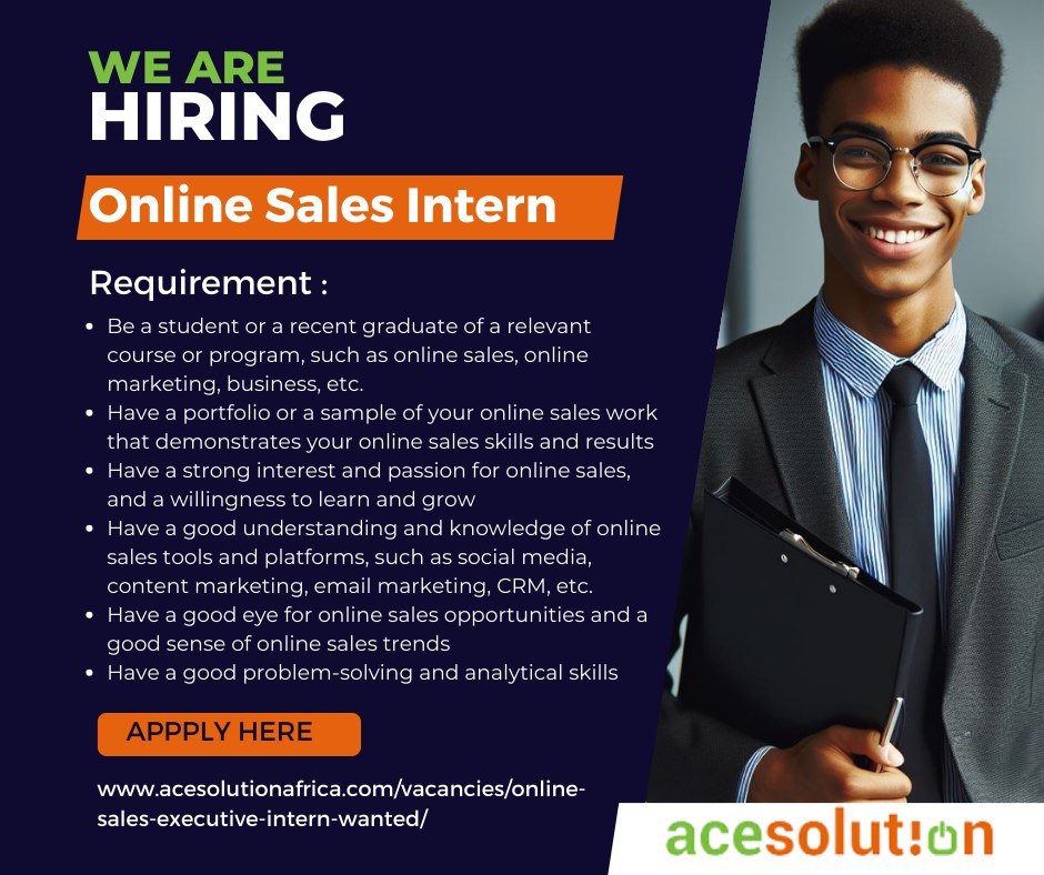 Are you a self-motivated go-getter. We are looking for you! Ace Solution Africa are hiring an Online Sales Intern. To apply kindly visit the link shared below.
Apply: acesolutionafrica.com/vacancies/onli…
#IkoKaziKE #ikokakazi #salesjobs #entryleveljobs #recentgraduates #finalyearstudent