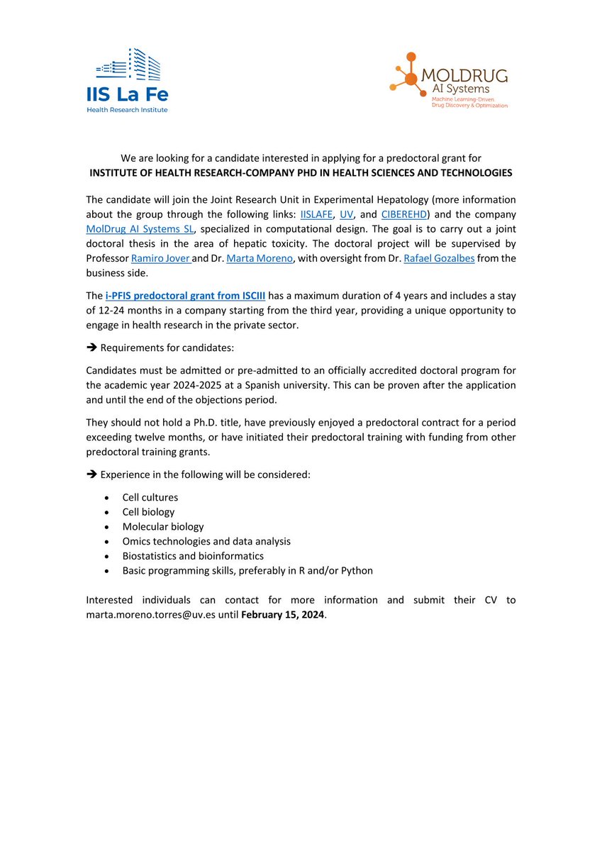 📢 Buscamos candidat@ para solicitar ayuda predoctoral i-PFIS del ISCIII
   🔹4 años
   🔹estancia de 12-24 meses en una empresa a partir del tercer año
   📩envia CVN a marta.moreno.torres@uv.es
   📌hasta el 15/02
    ℹ️ Más información 👇🏻
