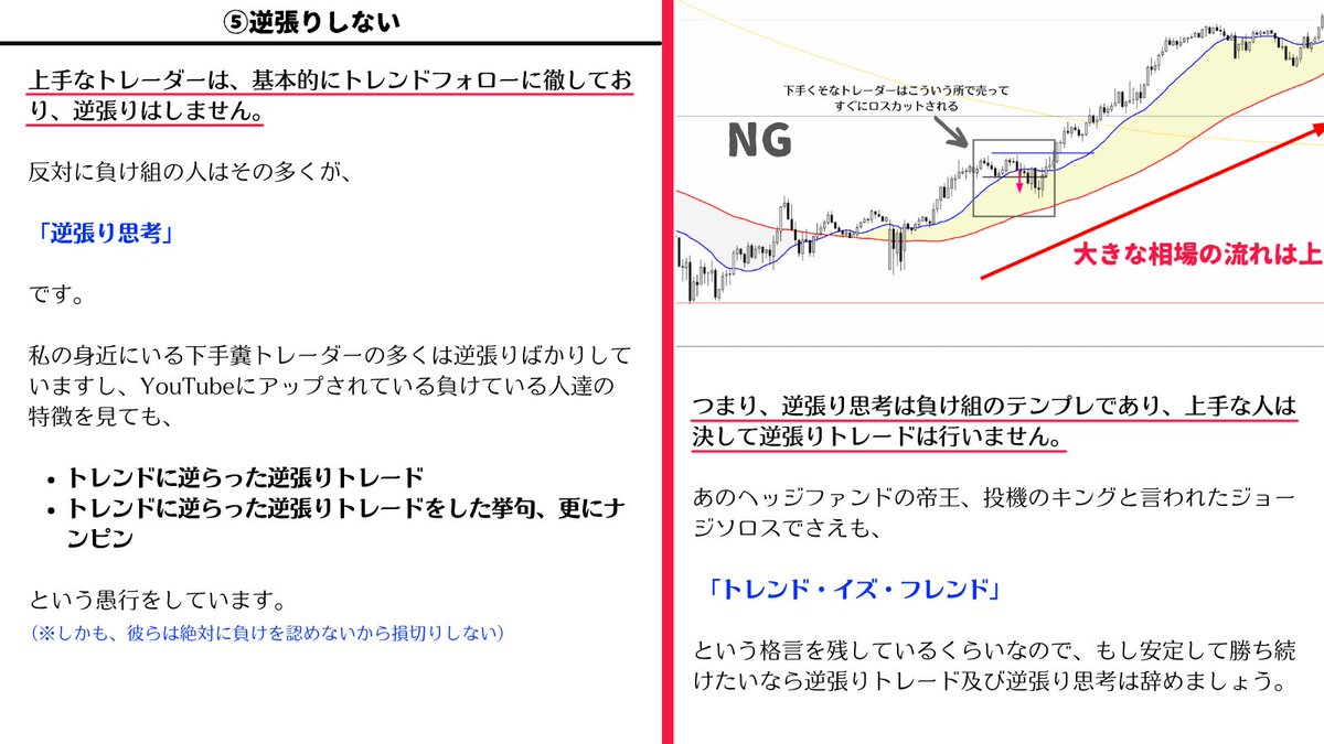 million_trader8's tweet photo. 【上手いトレーダーの特徴5選👇】

①上位足の押し目・戻り目付近(=波の頭)からのみトレードする（※上げた・下げたのを確認してからトレードしない）
②トレンド転換の初動からトレードする
③レンジ相場・分からない相場ではトレードしない
④抵抗勢力が近くにいる時はトレードしない
⑤逆張りしない https://t.co/VVyAWUSuly
