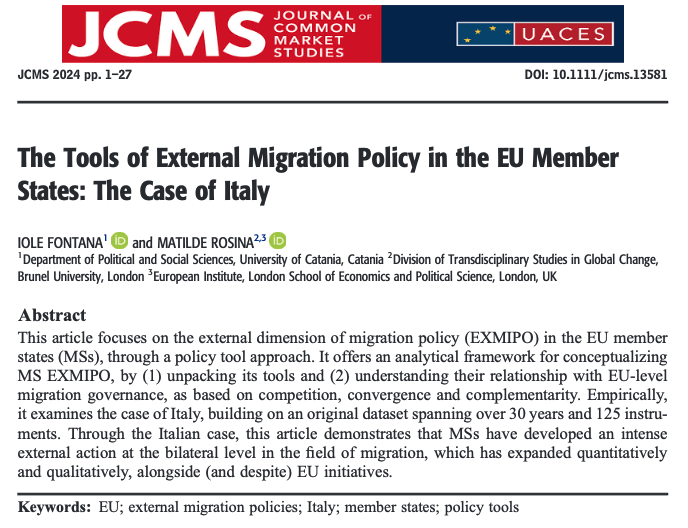 📣Excited to share that my latest article, co-authored with @IoleFontana, has just been published in @JCMS_EU! 📚It explores the external dimension of #migration policy in #EU member states, through a policy tool approach. 👉 bit.ly/EXMIPO