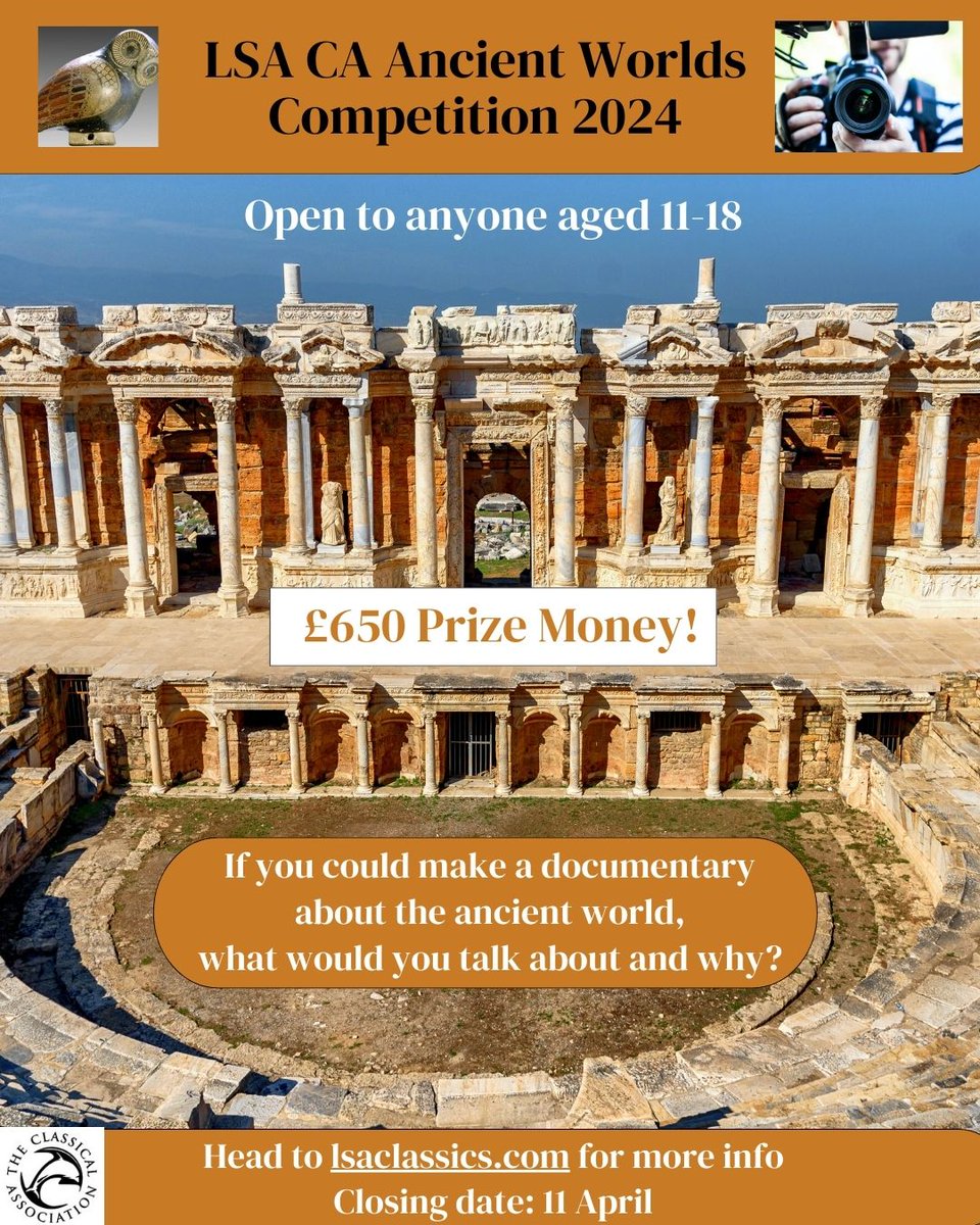 Ancient Worlds Competition 2024 - entries open now! Classics documentary makers of the future...what would you talk about and why? Judge: @profmcscott Final: @AKSSchool 27/4/24 Sponsor: @Classical_Assoc lsaclassics.com/classics-compe… @StephenJenkin @ProfArleneHH @ClassicsNorth