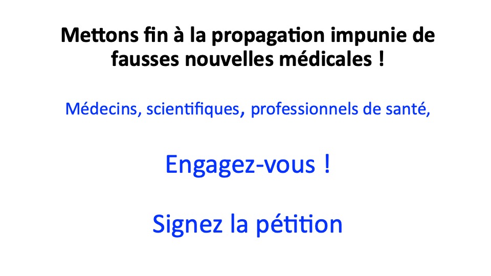 🚫Fausses informations médicales = danger pour la santé! 

Nous, médecins, professionnels de santé demandons :
 1) un plan national contre la désinformation médicale 
2) l'application des dispositions existantes 
3) si besoin faire évoluer de la loi
#StopFakeNewsSanté