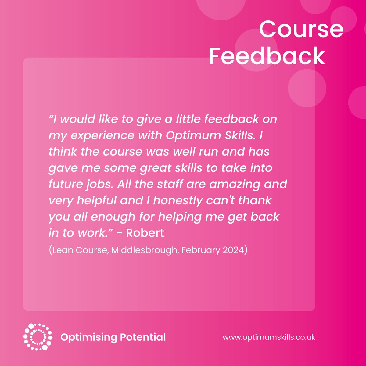 optimumskillsNE's tweet image. Congratulations to Robert for gaining employment with the support of the team and our Lean Short Course in Middlesbrough 🤩

Contact the team for information about our upcoming training courses in Middlesbrough. 

☎️ 01325 311832 
✉️ info@optimumskills.co.uk  

#CourseFeedback