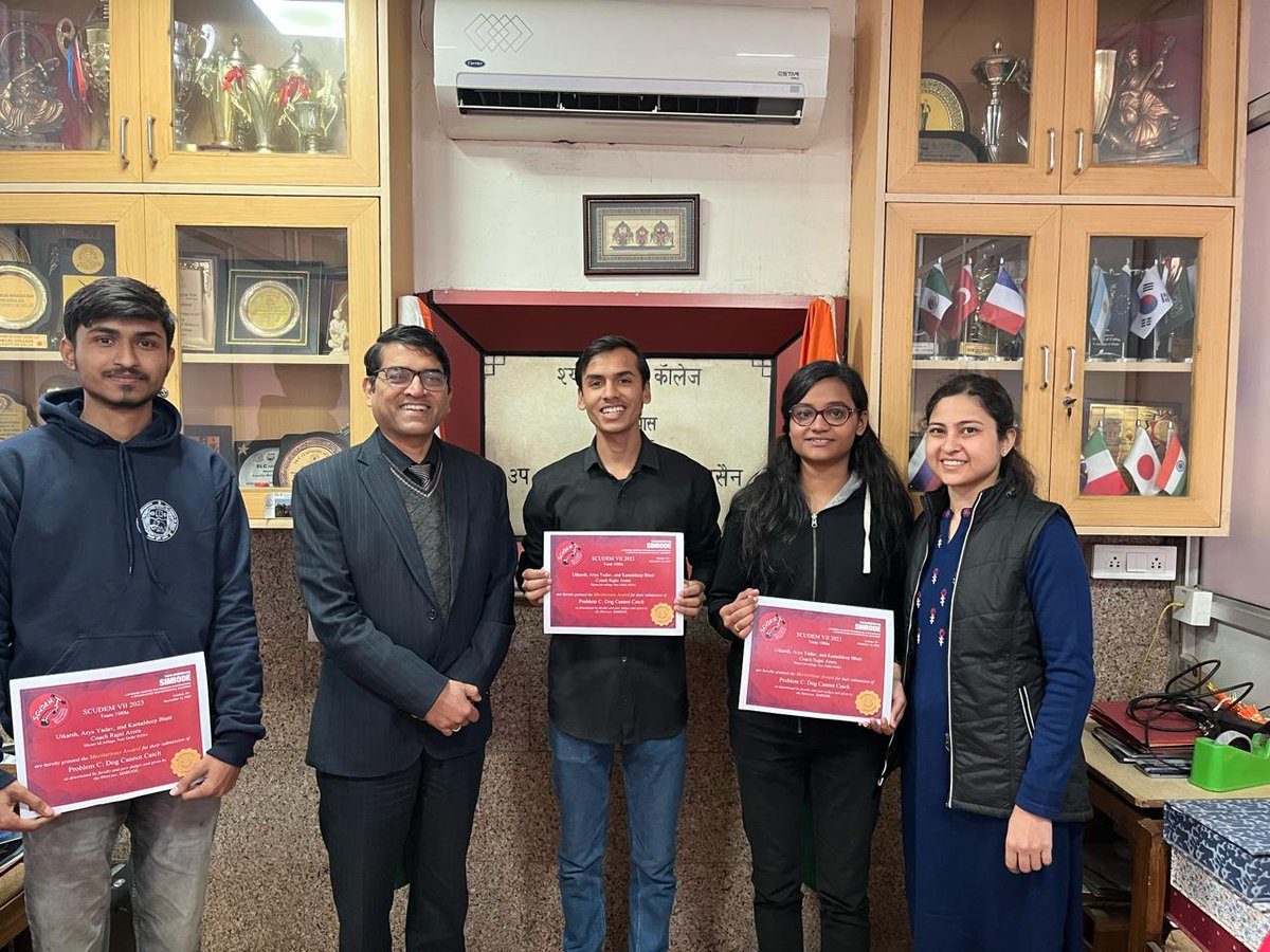 college_slc's tweet image. Kudos! &quot;🎉 SLC&apos;s math marvels Arya, Utkarsh, and Kamaldeep steal the show at SCUDEM-VIII by SIMIODE! 🏆 Beating out 52 countries, they&apos;ve brought home the gold! 🌟 Way to go, team! 🎉 #MathGeniuses #SLCStars #SCUDEM