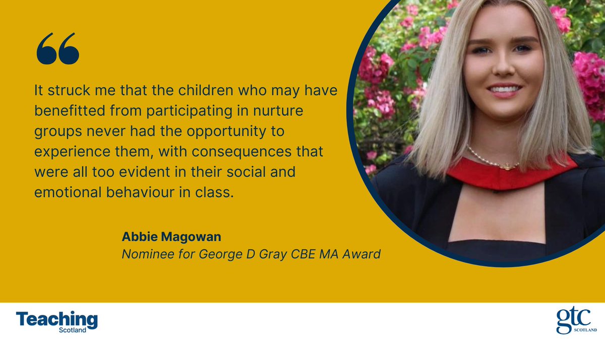 Abbie Magowan was nominated by the University of the West of Scotland for GTC Scotland's George D Gray CBE MA Award. We asked Abbie about her dissertation, Exploring the role of nurture approaches in the Covid-19 recovery phase: readymag.website/gtcscotland/Te…