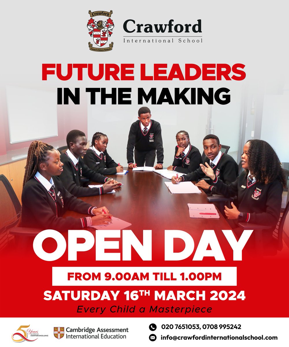 Crawford International School will host an interactive Open Day on Saturday 16th March 2024 from 9 am to 1 pm.

During the open day, the following will be covered:

Academic Offering,
Overview of the Curriculum,
Tour of the facilities,
Interaction with the staff,
Overview of the