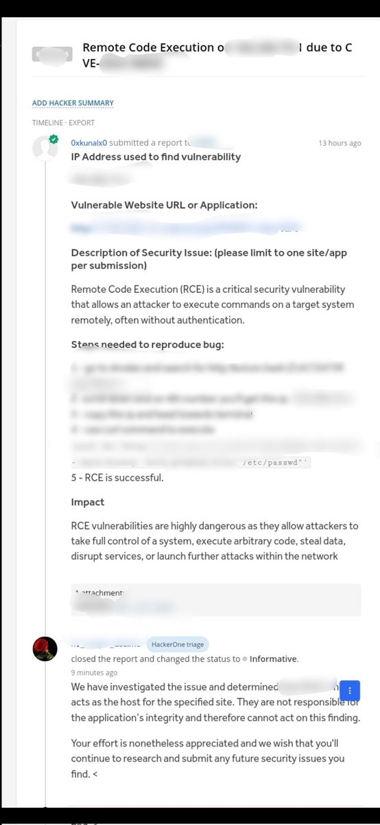 0xKunAlx0's tweet photo. My first #RCE on a Public program. Marked as #informative Worst Experience with @Hacker0x01 

Reason : They are not responsible for applications Integrity 🙂 while it is in the Scope. 

#hackerone #bugcrowd #BugBounty #bugbountytip #bughunting #REC #ethicalhacking https://t.co/A4ggXm27jG