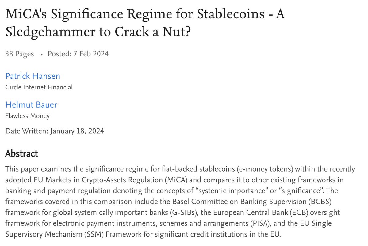 An interesting article from Patrick Hansen (Circle, EMA member) and Helmut Bauer (leading EMA's work on MiCA) providing an in-depth analysis of the flaws of the MiCA significance regime. A strong candidate for amendments to MiCA after the Commission's review of the regulation due