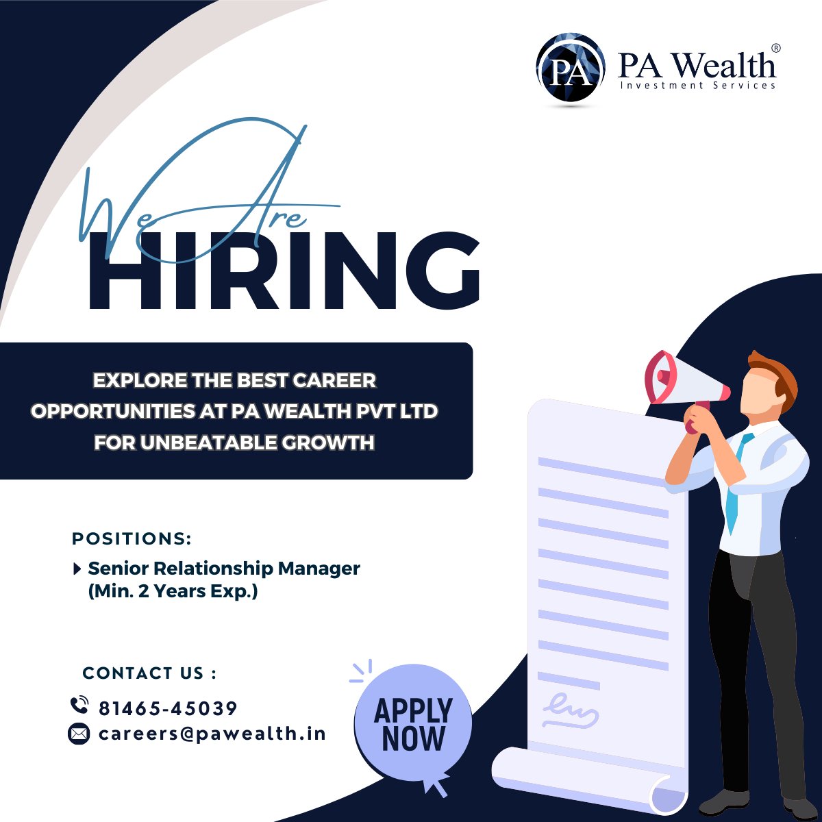 Join a collaborative team of dedicated professionals at PA Wealth! 

We're looking for individuals who are driven, adaptable, and passionate about teamwork to join our diverse and growing team.

#EmploymentOpportunity #JobOpportunity #NowHiring #JobOpening #JobAlert #JobSearch