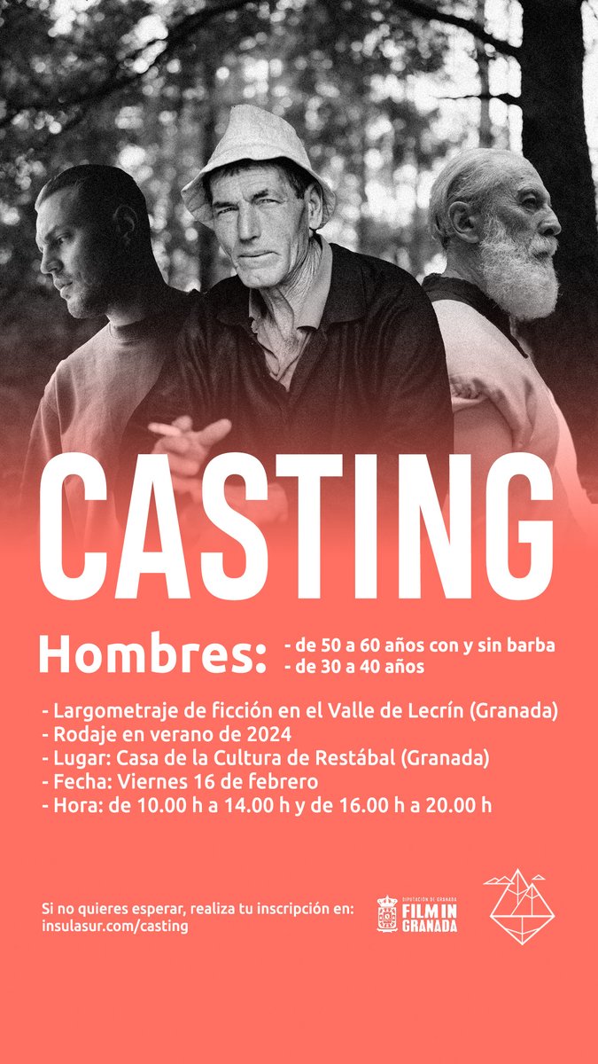 🚀¡#Casting presencial!
Buscamos:
- Hombres de 50 a 60 años con barba y sin barba.
- Hombres de 30 a 40 años.
Lugar: Casa de la Cultura de Restábal este
Fecha: Viernes 16 de febrero. 
insulasur.com/casting