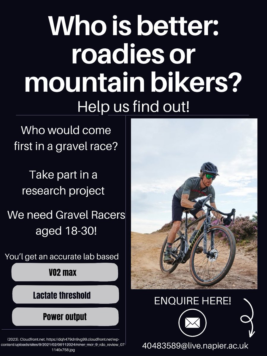 Are you a gravel racer between 18 and 30?

A 4th year Sport and Exercise Science student is looking for volunteers for their research project

"Physiological characteristics of Gravel cyclists: More Road cycling or Mountain biking" 

If you are interested please contact Stuart