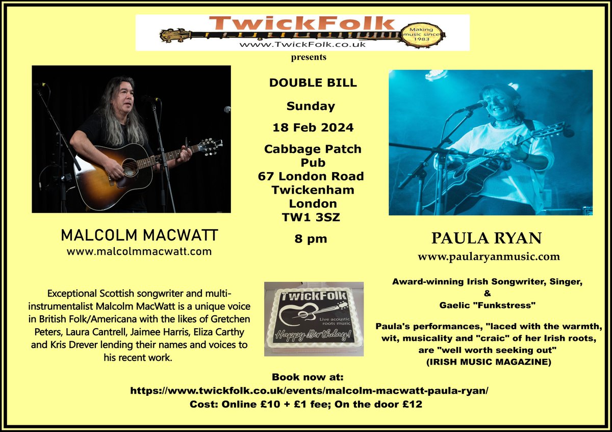 LONDON CALLING! Lookin frwd to playing @TwickFolk Sunday 18 February 2024 with fab Scottish singer/ songwriter @MalcolmMacWatt Double bill #Original #acoustic #Celtic #music #song - not to be missed! Top venue @CabbagePatchPub #London #CONCERT Tickets twickfolk.co.uk/.../malcolm-ma…