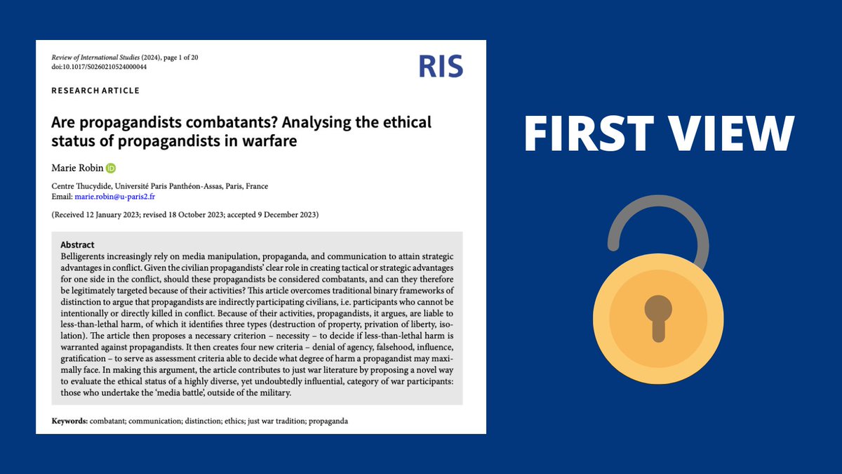RISjnl's tweet photo. 🚨New First View Article🚨

What is the role of propaganda in warfare, and should propagandists be considered legitimate targets? Read Marie Robin's latest #OpenAccess piece in RIS 👇

https://t.co/rbwgFknfwR https://t.co/QySdgmiDmS
