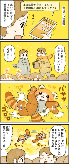 雪ではしゃぐ #レッサーパンダ さん -- 「再 #がんばらない社員ずかん by類  」 #ヤメコミ #4コマ漫画 