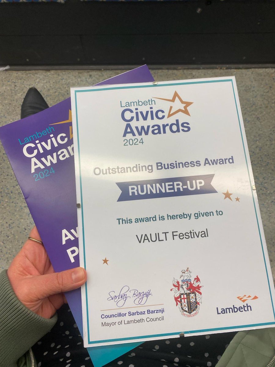 We're chuffed to be awarded Runner Up in 'Outstanding Business Award' for #VAULTFestival at the Lambeth Civic Awards 2024! 🥂🎉 The awards celebrate amazing individuals and organisations across Lambeth that give their time, work & passion to help and improve the lives of others.