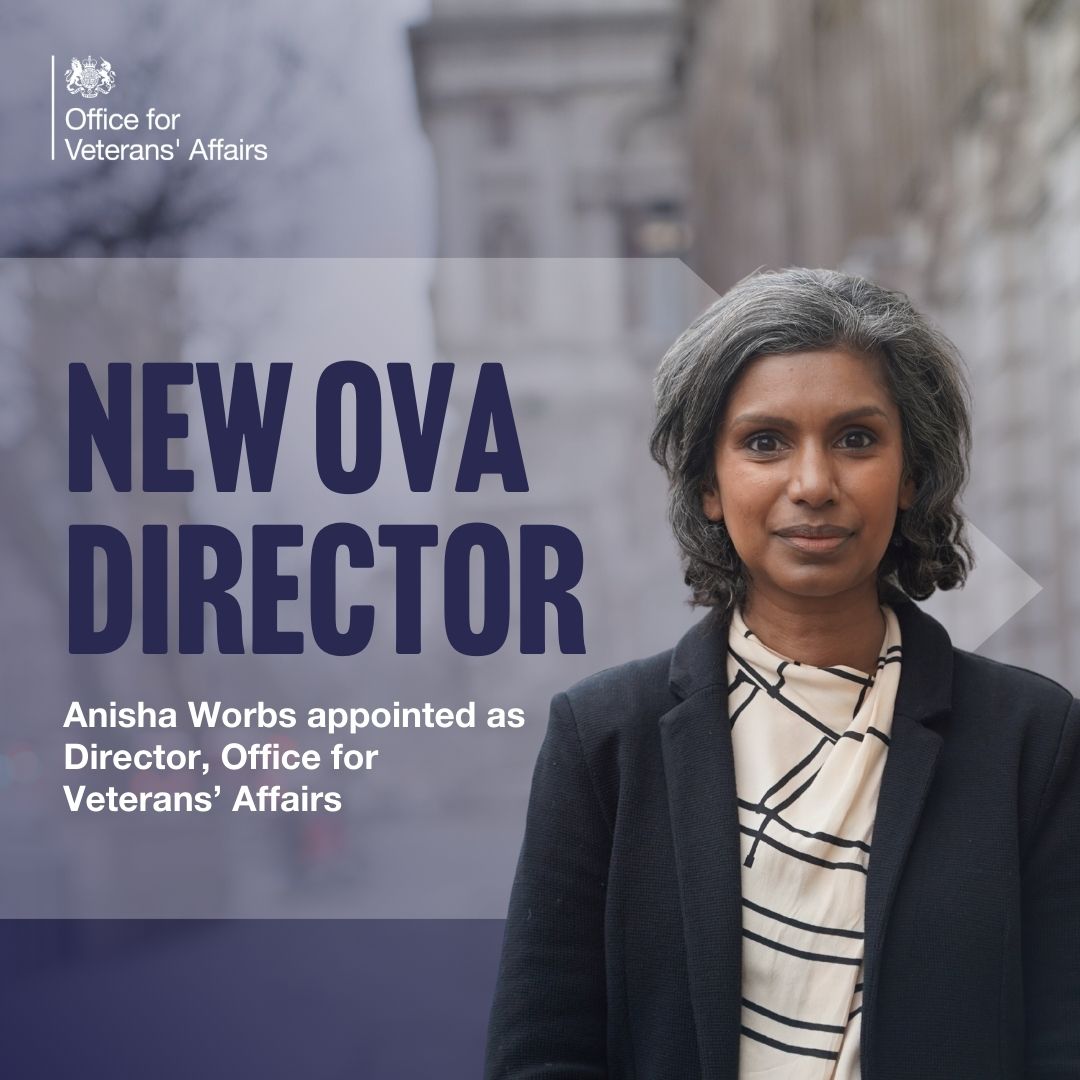 VeteransGovUK's tweet photo. We are pleased to announce that Anisha Worbs begins her new role today as Director of the OVA. 

Anisha looks to build on the OVA’s work to enable veterans to continue to make brilliant contributions to society after leaving the armed forces. https://t.co/kQGmpMLTmp