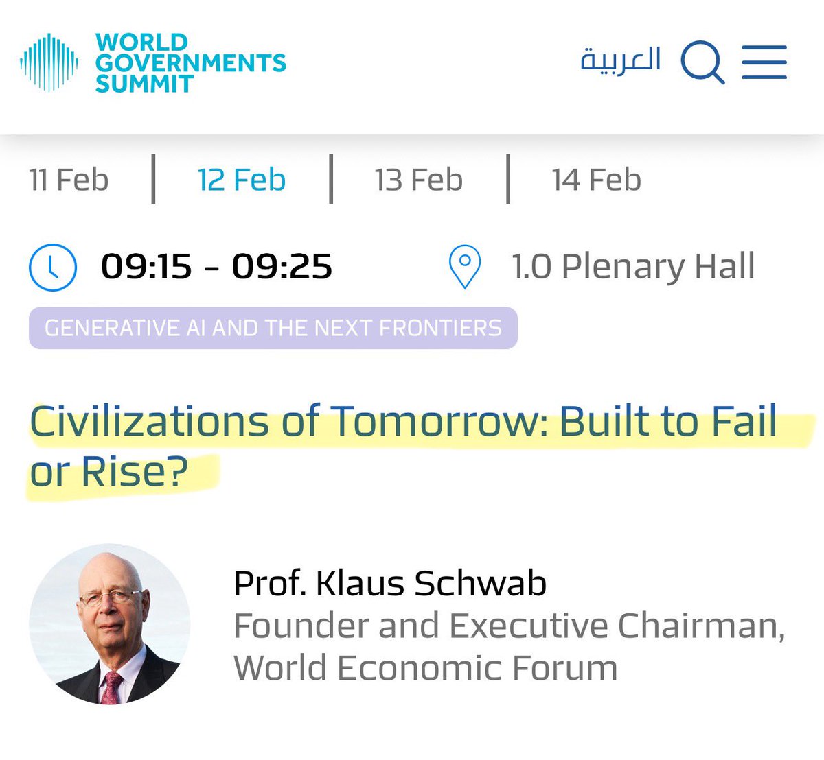 Artemisfornow's tweet image. KLAUS SCHWAB -  Is attending the World Government Summit (Which doesn’t exist)…. But starts today in Dubai.

So important to this conference he’s the 1st speaker after the opening address.

No one voted for this‼️