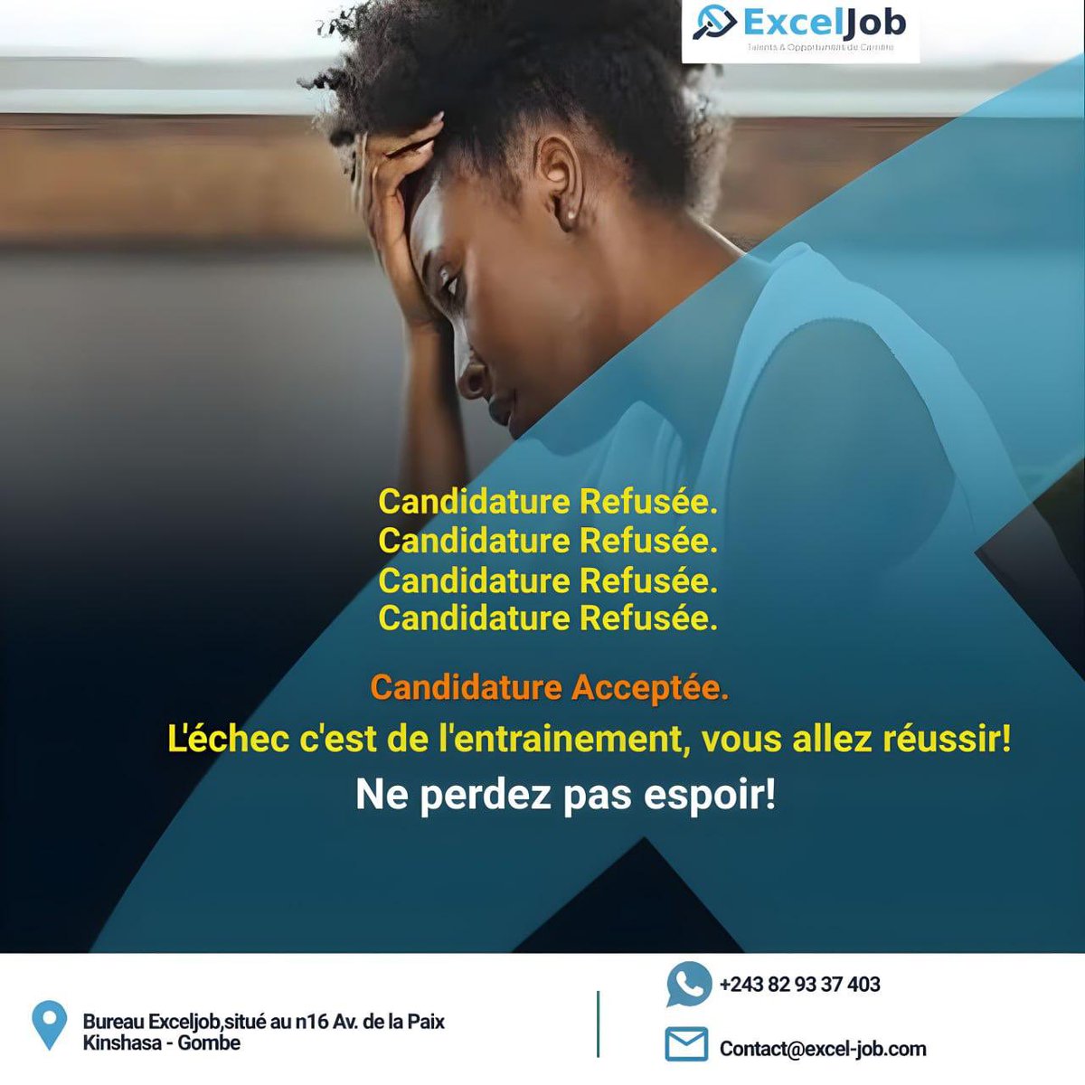 excel_job's tweet photo. On tombe, on se relève, on apprend, on est plus fort. 💪
L’échec c’est de l’entraînement.

"Candidature acceptée" : un jour tu vas recevoir ce message ou cet appel. Ne perds pas espoir !

Excellente semaine à tous 💪
#recrutement #emploi #emploirdc #cv #job #recherchetravail #kin https://t.co/Cqm6wCnj4J