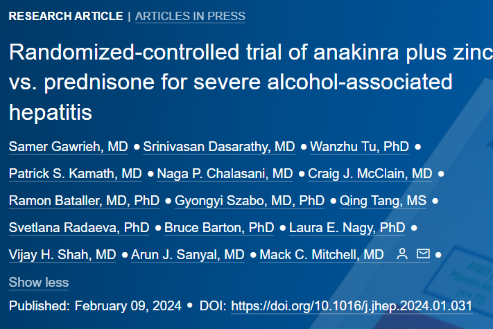 🆕Article in press❕ Randomized-controlled trial of anakinra plus zinc vs. prednisone for severe alcohol-associated hepatitis Full text here👉journal-of-hepatology.eu/article/S0168-… #LiverTwitter