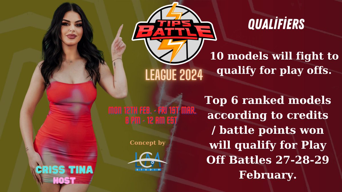 TipsBattles's tweet photo. Today the #qualifiers for #TipsBattleLeague will start at 8PM Est! 10 models will fight to advance further in the play off, only 6 will be the winners and go to #Playoffs #TipsBattle
Get involved and help your favorite model be a winner
See all the models that are fighthing here: https://t.co/bcoYn0SvBH
Live & Exclusive @Flirt4Free
Concept by @LCMStudio
#flirt4free