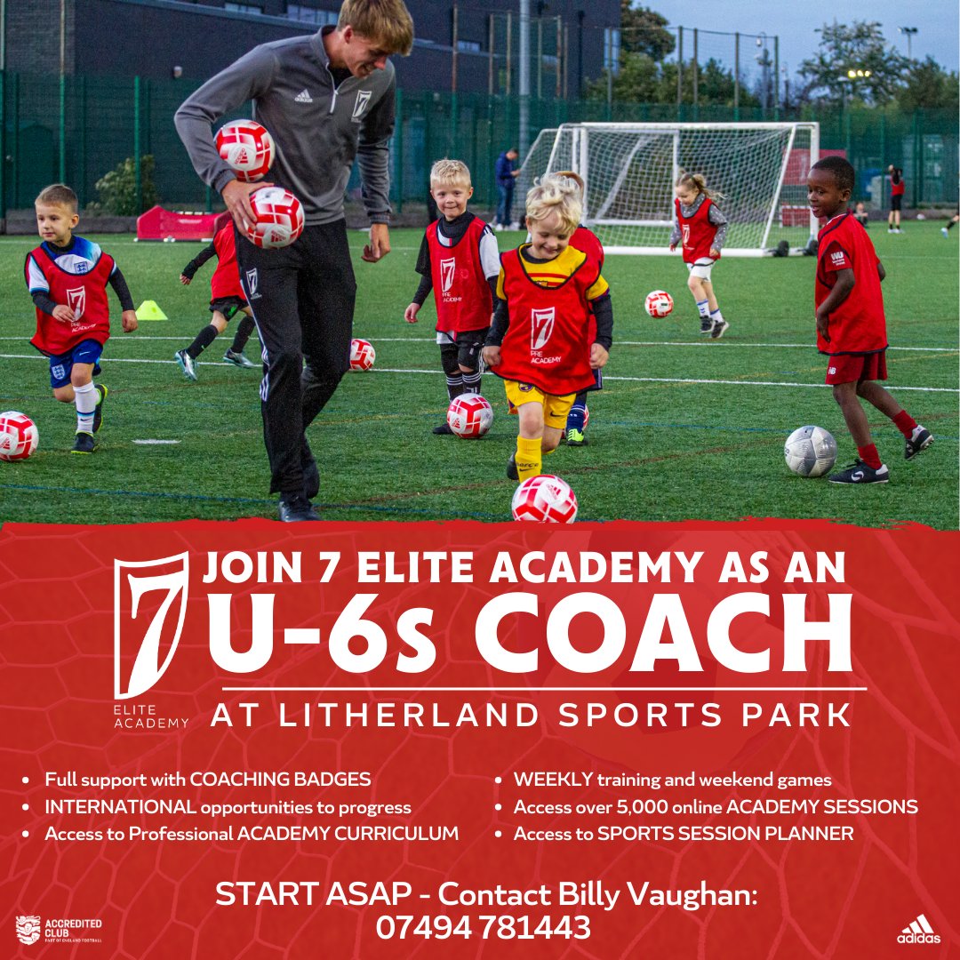 7EliteAcademyUK's tweet photo. RECRUITMENT 🇬🇧🇺🇸🇹🇿 We're looking for coaches to work with U-6 players at our Litherland Sports Park headquarters  ⚽

These voluntary positions are an excellent opportunity to join our #CoachingPathway

Contact Billy Vaughan 👇
07494 781443 / Billy.Vaughan@7eliteacademy.com https://t.co/C93iJCuSJK