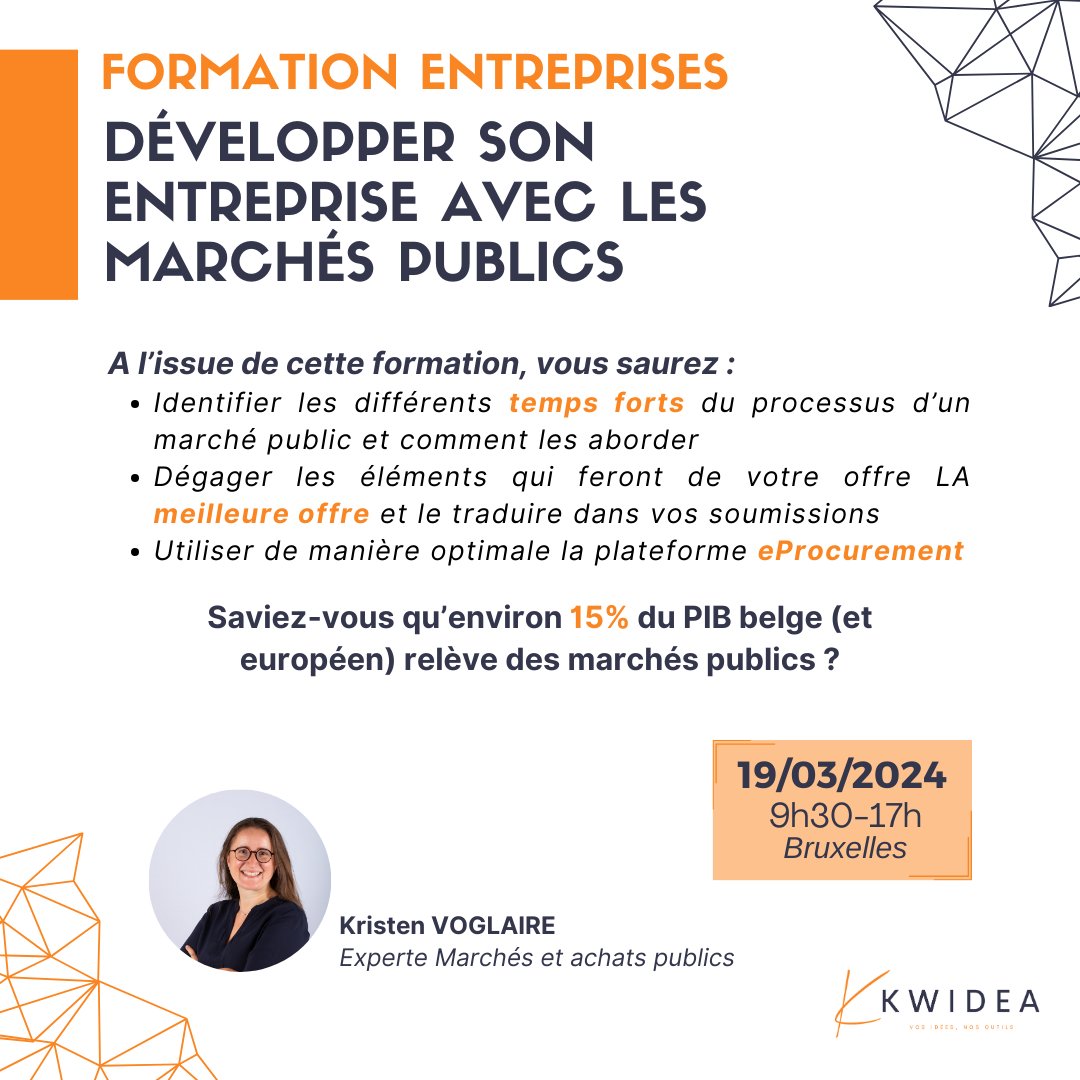 📈 Développer son entreprise avec les marchés publics ? C'est possible et c'est par ici 👇 👇 👇
Infos &amp; Inscriptions : kwidea.be/vos-besoins/fo…
💸 Conditions spéciales : - 20% pour les TPE et PME de < 50 employés (ou si plusieurs inscriptions)