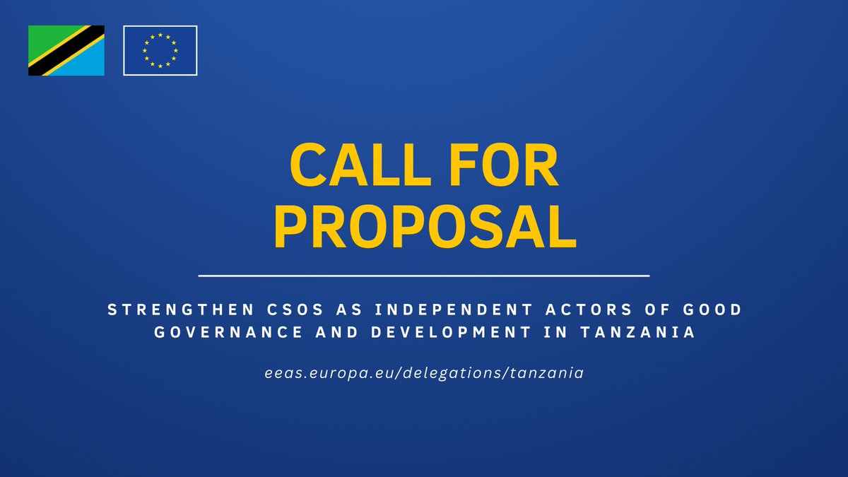 📢CALL FOR PROPOSAL Are you a CSO in Tanzania🇹🇿 looking for funding opportunities? The @EU_Commission has launched a call for proposals to support your role in good governance & sustainable development. 🗓️Deadline: 25/03/24 Visit here👇🏽for more details eeas.europa.eu/delegations/ta…