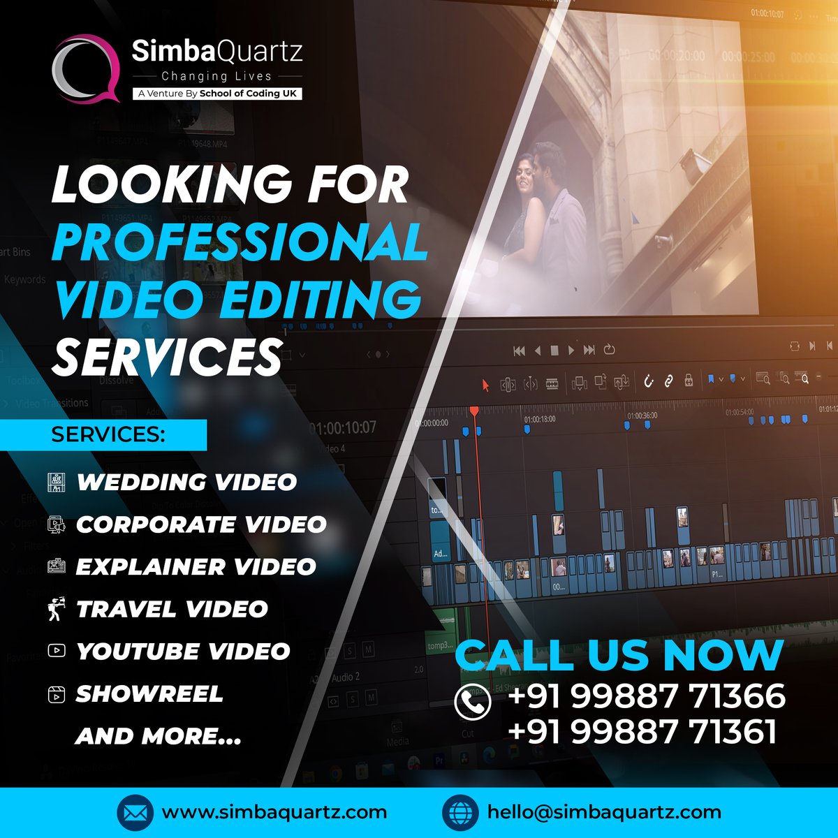 SimbaQuartz's tweet photo. Looking for professional video editing services? 
We specialize in:
👰 Wedding Videos
🏢 Corporate Videos
📝 Explainer Videos
✈️ Travel Videos
🎬 YouTube Videos
🌟 Showreels
...and much more!
9988771366,9988771361
#SimbaQuartz #ITService #VideoEditing #WeddingVideo #postoftheday https://t.co/LY7TgSYy2w