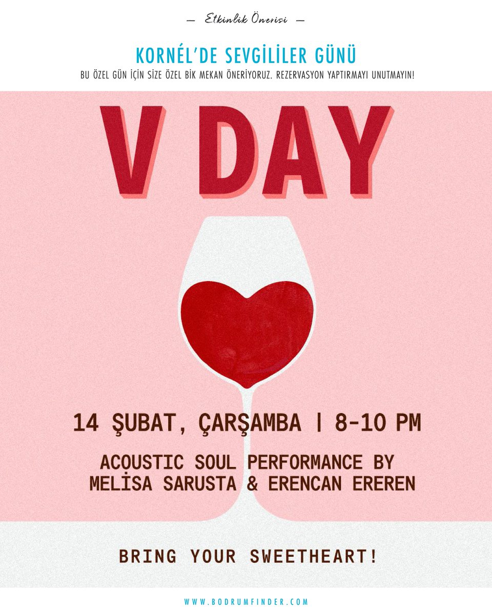 Sevgililer günü akşamı ne yapıyorsunuz? Kornél’de çarşamba akşamı Melisa Sarıusta’nın akustik soul performansına Erencan Ereren kontrbas ve trompet ile eşlik ediyor. Rezervasyon için geç kalmayın! 

Adres: Bitez, Adliye Cd. No:34/A

Rezervasyon: 0541 764 87 89