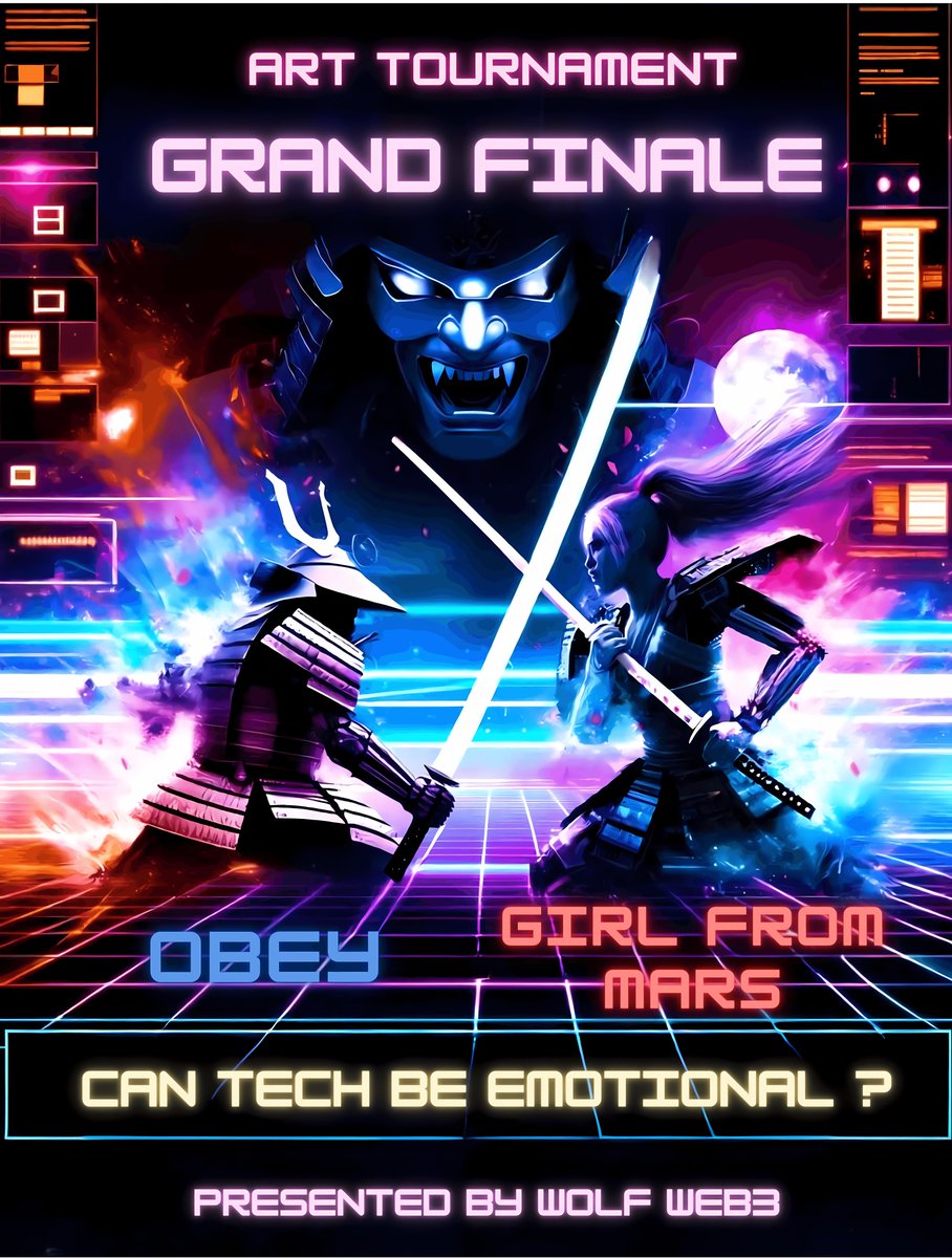 jayabs_eth's tweet photo. GM !
🚨 The Final Showdown🚨
"A samurai's blade cuts deep, but it is the emotion behind the strike that determines its destiny."
⚔️Dive into the #ARTTournament grand finale, where history repeats in a thrilling rematch from our 1st edition's first round.
🤝Sponsored by @WOLF_WebThree , this final clash between ART legends @ObeyAiArt and @GirlFromMars_OG asks:
Can technology be emotional?
As we stand on the brink of this digital duel, the question lingers - will Girl from Mars exact her revenge over Obey?
Join us in witnessing the fusion of art and the digital heart.