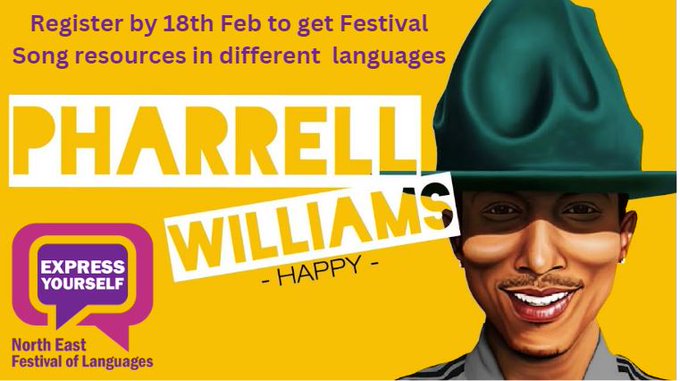 North East schools and groups: Register by 18th Feb to access 'Happy' resources in different languages. Children and young people can sing, play or sign the Festival song. Submit performances by 18th March for the virtual regional performance. expressyourselfne.com/song/