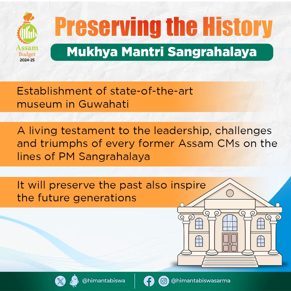 On the lines of Pradhanmantri Sangrahalaya, Assam will soon set up Mukya Mantri Sangrahalaya to document the legacies of all the former Chief Ministers of Assam. 

#AssamBudget2024