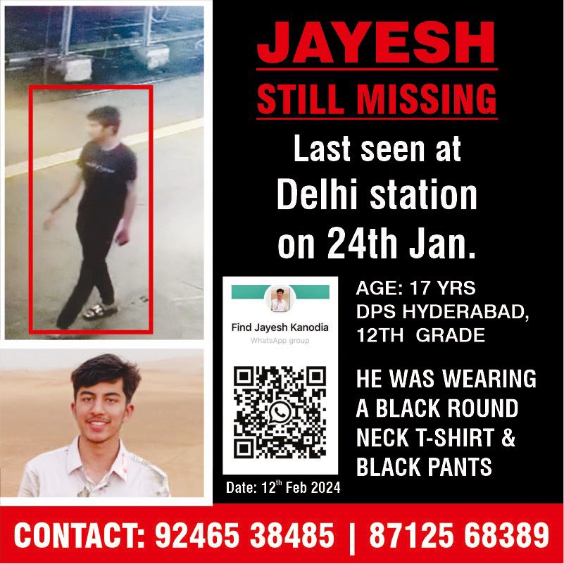 KanodiaSarvesh's tweet photo. 🆘 Urgent: #FindJayesh 🙏 Missing from Hyderabad dated 17 January, last seen at New Delhi Railway Station on 24th January. Let's unite and spread the word to bring him home! 🌐 #MISSINGPERSON #MissingPeople 
@PMOIndia @HMOIndia @SmritiIraniOffc https://t.co/q0wjpMosxy
