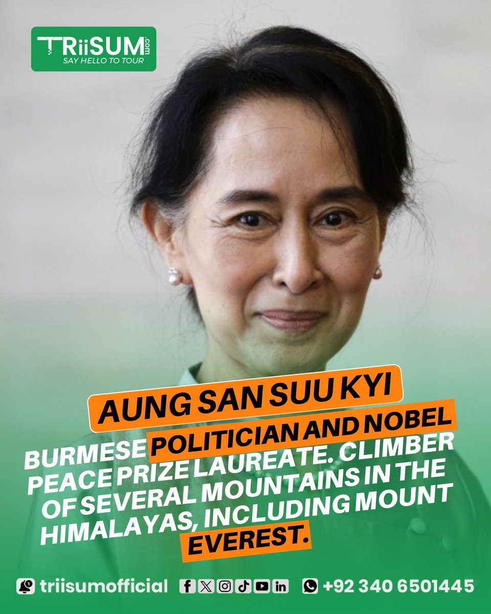 Burmese politician and Nobel Peace Prize laureate who is also a mountaineer. She has climbed several mountains in the Himalayas, including Mount Everest.

#Triisum #travel #mountains #hikers #mountaineeringlife #travelwithtriisum #trips