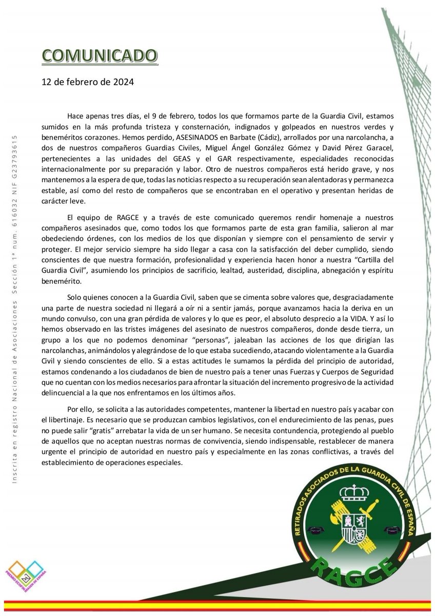 RAGCEasociados's tweet photo. RAGCE Retirados Asociados de la Guardia Civil de España 🇪🇦 emite comunicado.
Asesinato de nuestros dos compañeros, los Guardias Civiles, Miguel Ángel y David.
@guardiacivil
#LaMuerteNoEsElFinal
#SiempreGuardiaCivil
#NuestroPresenteEsVuestroFuturo https://t.co/gQi8j152Ne