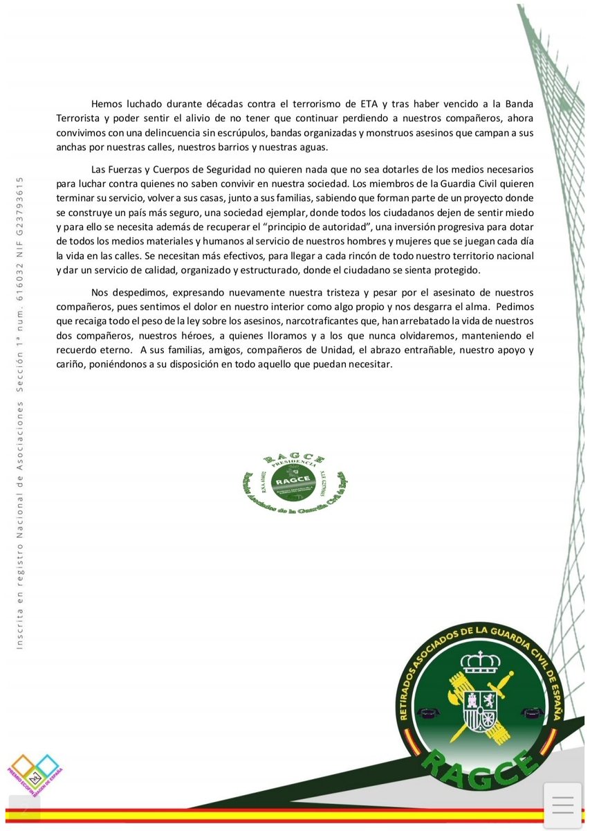 RAGCEasociados's tweet photo. RAGCE Retirados Asociados de la Guardia Civil de España 🇪🇦 emite comunicado.
Asesinato de nuestros dos compañeros, los Guardias Civiles, Miguel Ángel y David.
@guardiacivil
#LaMuerteNoEsElFinal
#SiempreGuardiaCivil
#NuestroPresenteEsVuestroFuturo https://t.co/gQi8j152Ne