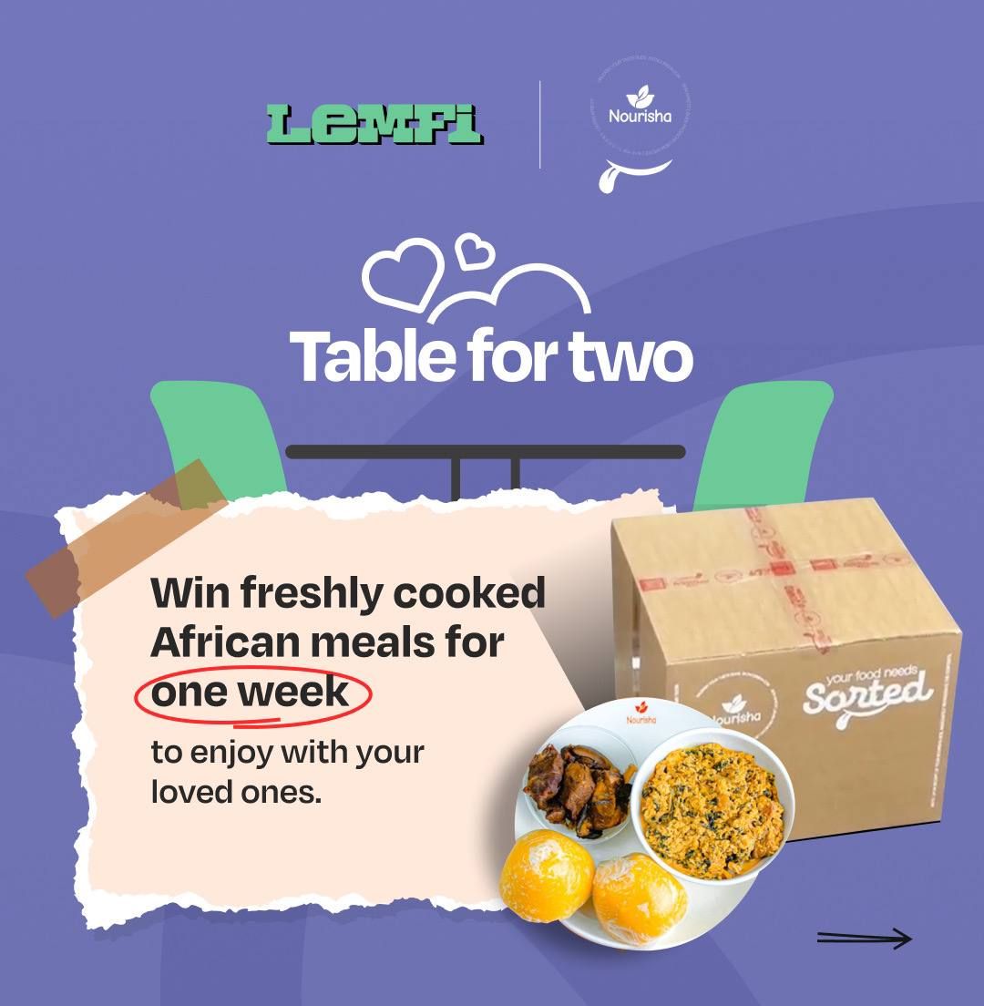 UseLemfi's tweet photo. Win a week’s worth of delicious African dishes from @eatnourisha for you and your special someone! 

To win, 
💚 Quote this tweet and share what love means to you using #LemFiTablefor2.
💚 Tag the person you would share this meal with
💚 You both must follow @Uselemfi https://t.co/8OLoGso50S