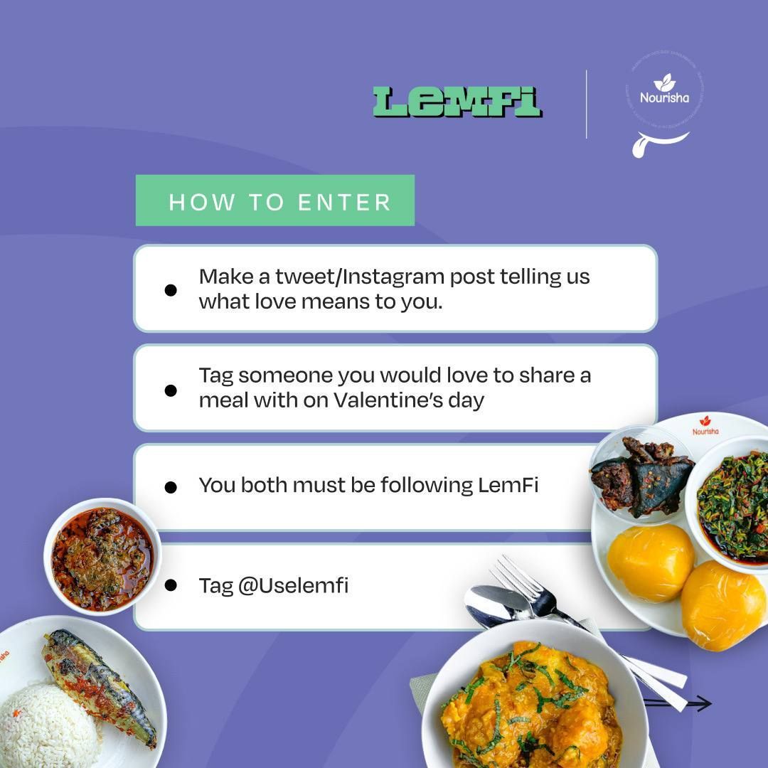 UseLemfi's tweet photo. Win a week’s worth of delicious African dishes from @eatnourisha for you and your special someone! 

To win, 
💚 Quote this tweet and share what love means to you using #LemFiTablefor2.
💚 Tag the person you would share this meal with
💚 You both must follow @Uselemfi https://t.co/8OLoGso50S