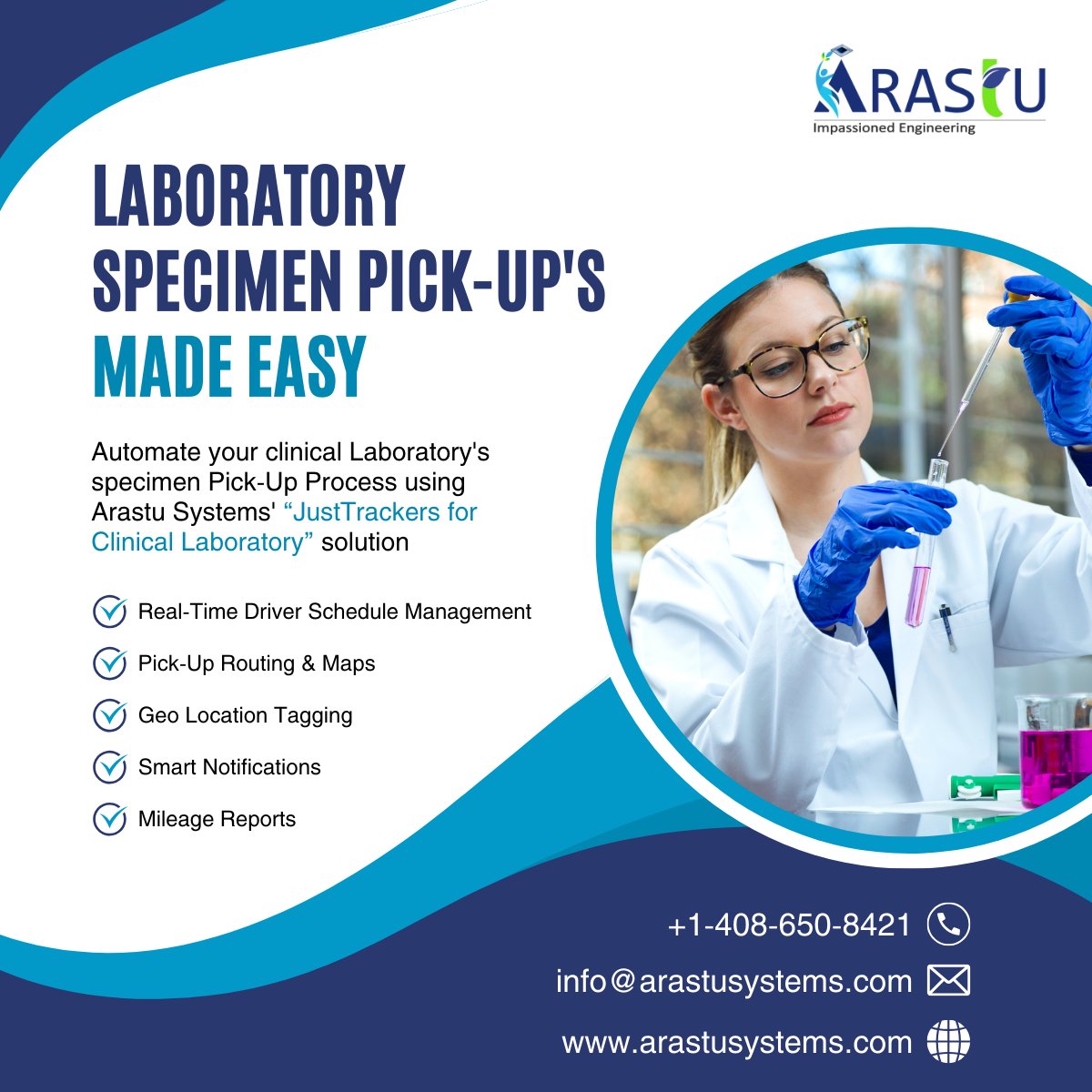 ArastuSystems's tweet photo. Say goodbye to manual specimen pickups and hello to efficiency with Arastu Systems' JusTrackers for Clinical Laboratory, a one-stop solution for streamlined, efficient, and data-driven pick-ups!
Visit to explore JustTrackers: https://t.co/Fbret8XKJU
#ClinicalLabs #SpecimenPickUps https://t.co/8LBfOrV7Bg