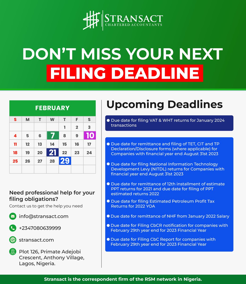 StransactNG's tweet photo. Stay on top of the upcoming filing obligations for your business.

Need assistance with your filings? Contact us for professional help at info@stransact.com. https://t.co/3qB7vxP2IJ