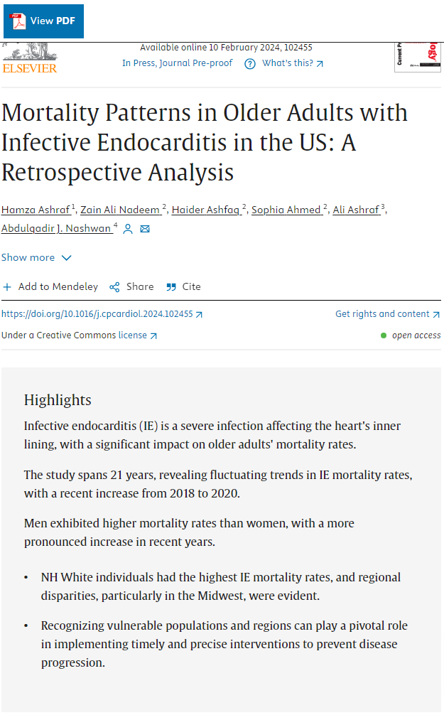 HaiderAshfaq_'s tweet photo. Our two recent publications explain mortality trends in geriatrics with infective endocarditis &amp; spotlight disparities in obesity-related cardiovascular mortality in the US.
@hamxd___ 
@CurrProbsCardio 
Read more:
1)https://t.co/ixs7shHx32
2)https://t.co/Y9v8pXkfAo https://t.co/rGCFedZCSa
