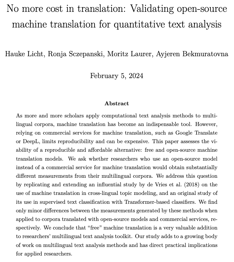 Do you want to translate texts for a quantitative analysis, but using Google Translate & Co. is too expensive? Then use an open-source translation model instead – @RonjaSczepanski, @MoritzLaurer, @Jrn_rz, and I show that they are a reliable alternatives: doi.org/10.31219/osf.i…