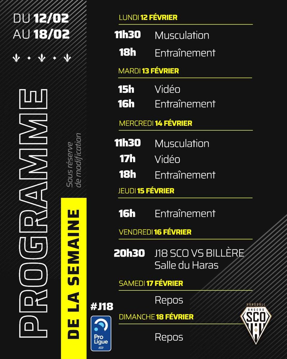 𝗖𝗘𝗧𝗧𝗘 𝗦𝗘𝗠𝗔𝗜𝗡𝗘 💪 Découvrez le programme de la semaine d'entraînement de nos Noir&Blanc ⚫️⚪️ De retour au Haras, le SCO Handball affronte l'équipe de Billère ce vendredi 16 février à 20h30🔥 #SportAngers #angerssco #teamsco #LaForceDuSCO #LaDalleAngevine #Proligue #LNH