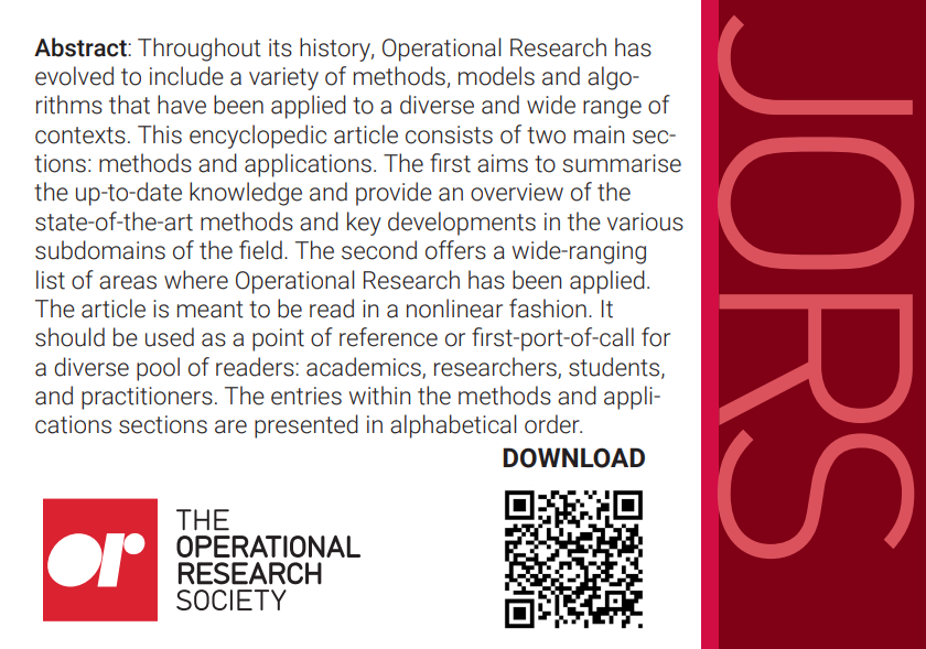 OR Society Research and Publications (@ors_res) on Twitter photo 👀Have you read “Operational Research: methods and applications” yet? To celebrate the 75th anniversary of #JORS, the encyclopaedic article of OR is available to read now.
🌐doi.org/10.1080/016056…
#ORMS #ThisIsOR #Analytics
<a href="/fotpetr/">Fotios Petropoulos</a> <a href="/MartinKunc18/">Martin Kunc</a> 👀Have you read “Operational Research: methods and applications” yet? To celebrate the 75th anniversary of #JORS, the encyclopaedic article of OR is available to read now.
🌐doi.org/10.1080/016056…
#ORMS #ThisIsOR #Analytics
<a href="/fotpetr/">Fotios Petropoulos</a> <a href="/MartinKunc18/">Martin Kunc</a>