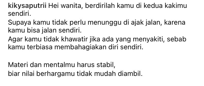 mochichakii's tweet photo. YESSS GURLL!! ini trlihat klise tp faktanya memang dirasain banyak wanita.. ga pd, khawatir, dan masih banyak lagii.. jdi makin suka kak @kikysaputrii 🥹♥️🫶🥰🫡 https://t.co/Wk146b9TLd