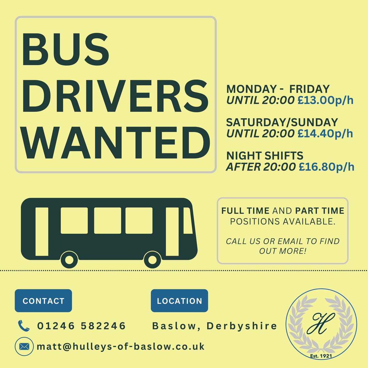 Would you like to drive in the beautiful Peak District and surrounding areas? 🌳 🚍 

We’re looking for reliable, friendly, and punctual bus drivers to join our friendly team in Baslow…

Contact us now for further information. 
01246 582246

#derbyshirejobs
#hulleysofbaslow