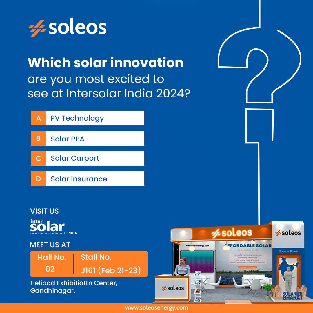 Soleosenergy_UK's tweet photo. What solar breakthrough sparks your excitement at #intersolar2024?   

Vote &amp; win! One lucky participant will receive a free consultation with our solar experts after #intersolar2024!   

#Gandhinagar #solarppa #solarcarport #solarinsurance #solarpanels #soleossolar #solarenergy https://t.co/xiAe9KkQh7
