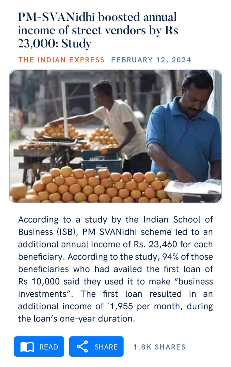 PM-SVANidhi boosted annual income of street vendors by Rs 23,000: Study
indianexpress.com/article/india/…

via NaMo App