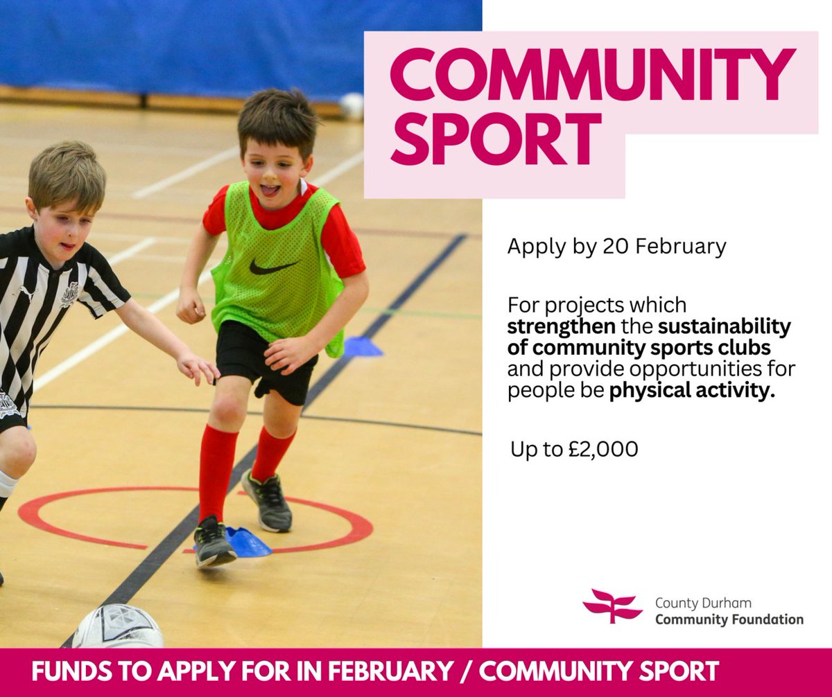 Calling all Community Sports & Physical Activity groups in #CountyDurham. Grants of up to £2,000 available, apply before 20 February. Find out more and apply though out Website.