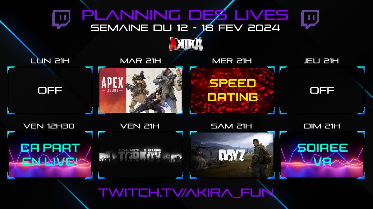 aKiRa_Fun_'s tweet photo. Salut mes poulet(te)s!🐔
Voici le planning des lives Twitch de la semaine avec le concept "Viens voir sur place ce qu'il y a au menu!"👀
Mais cette semaine, on aura du:
- Apex Legends
- Speed Dating
- Escape From Tarkov
- Day Z
- VR
Bisous! 🥰
https://t.co/kmkOnhuTA4 https://t.co/yy8PBk28zg